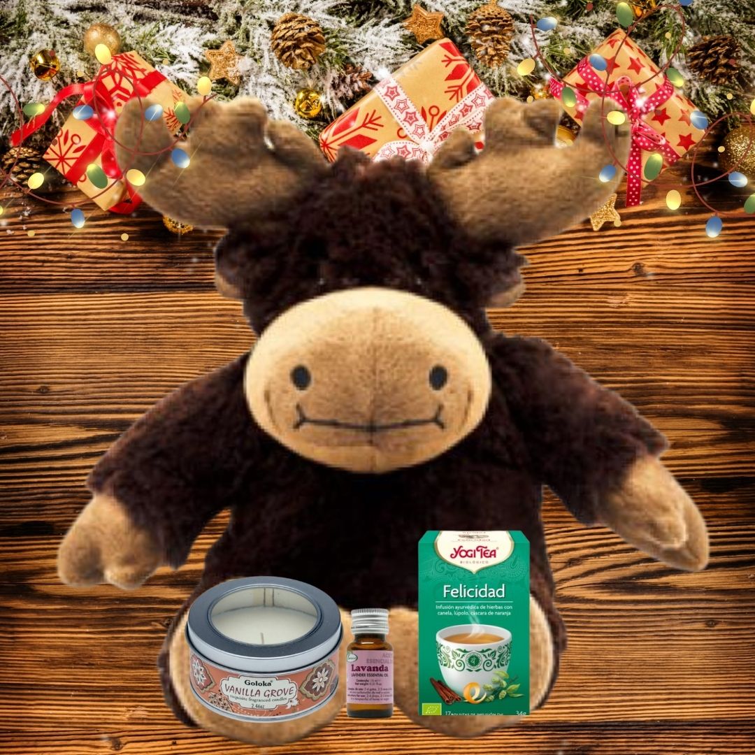 Pack Luz & Calma Navidad con peluche térmico de reno, vela aromática, aceite esencial de lavanda y Yogi Tea Felicidad