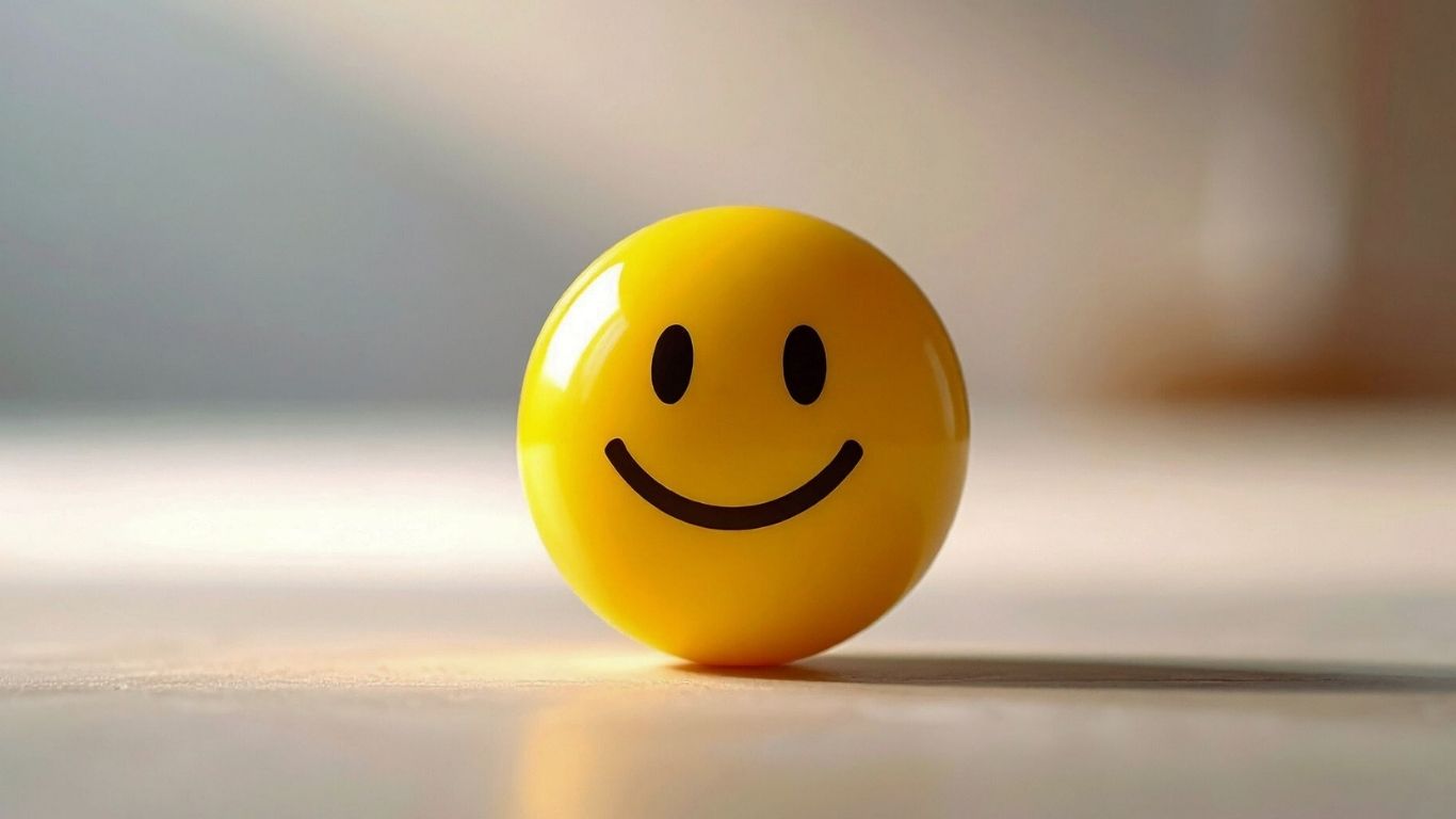 Cara sonriente amarilla sobre fondo neutro, simboliza bienestar y equilibrio emocional